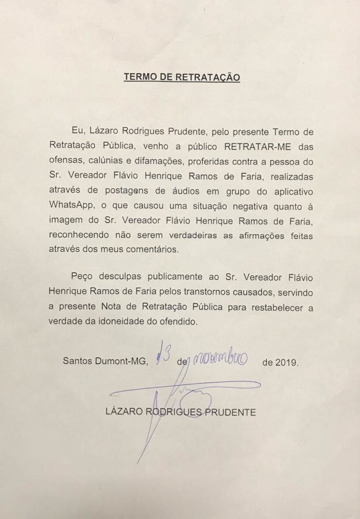 TERMO DE RETRATAÇÃO Câmara Municipal de Santos Dumont